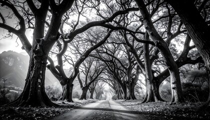 Black and white tree-lined avenue
