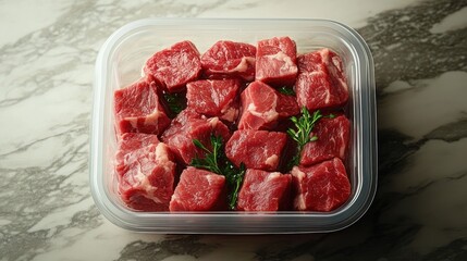 Fresh raw beef stew meat cubes garnished with green herbs in a clear plastic container on a marble surface