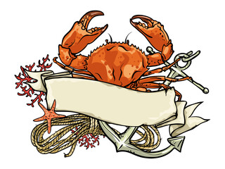 Crab and Nautical Elements: A captivating graphic illustration showcasing a robust crab, adorned with nautical elements that evoke the essence of coastal and maritime themes. 