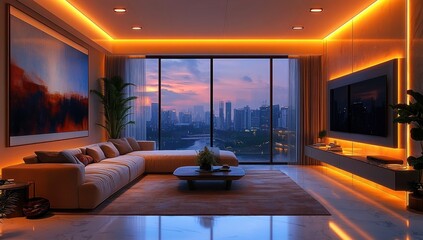 Modern living room with large sectional sofa and ambient orange lighting overlooking a city skyline through floor-to-ceiling windows during sunset