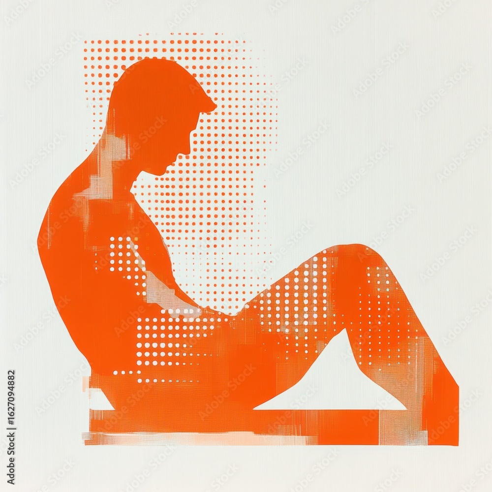 Poster orange silhouette of a seated person in a contemplative pose with dotted and abstract patterns on a 