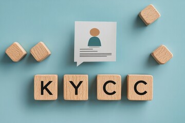 Wooden blocks spelling out acronym with a paper note showing a user icon and text lines suggesting identity verification on a pastel blue surface