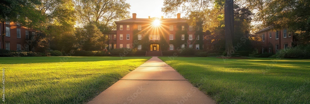 Poster sunlit path leading through a green lawn towards a red brick building at sunset with trees surroundi