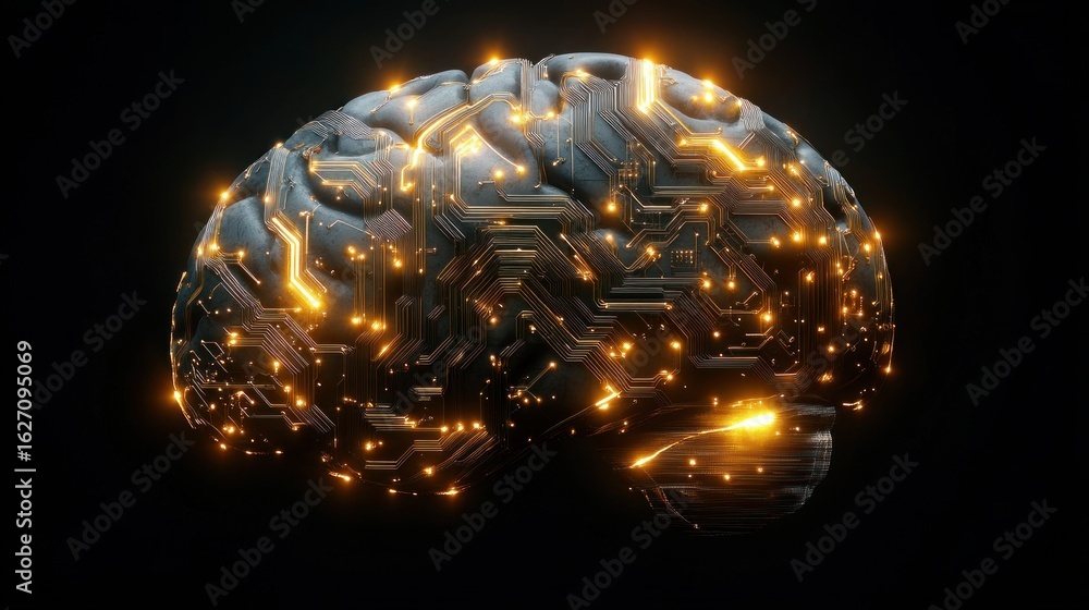 Poster glowing digital representation of a human brain with illuminated circuitry and neural connections ag