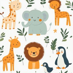 Naklejka premium Cute and colorful cartoon baby animals including giraffes, elephant, lions, and penguins surrounded by green leafy plants conveying a playful and cheerful mood