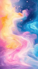 Obraz premium Abstract swirling cosmic scene with vibrant yellow, pink, purple, and blue colors mixed with small glowing particles creating a dreamy and ethereal atmosphere