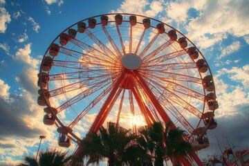 Large ferris wheel towering against a dramatic sunset sky with scattered clouds and silhouettes of palm trees at the base