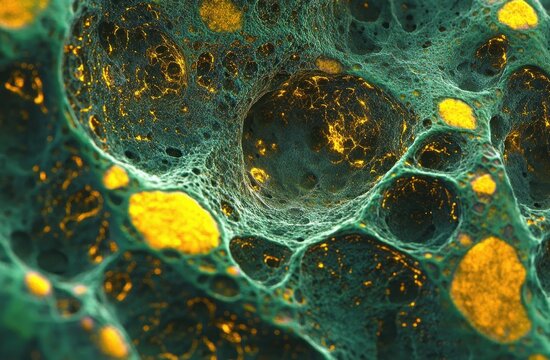 Close-up view of a complex porous structure with a network of dark greenish-blue material and glowing bright yellow spots creating an abstract, organic pattern