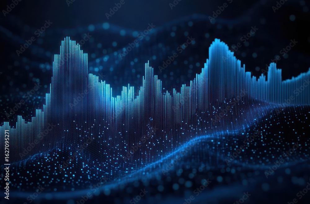Poster visualization of digital data waves with vertical blue bars and glowing particles creating a dynamic