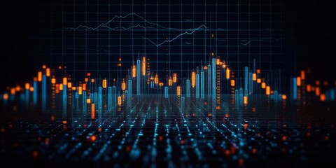 Digital visualization of glowing financial or data charts with bar and line graphs over a grid background, depicting dynamic market trends and analysis