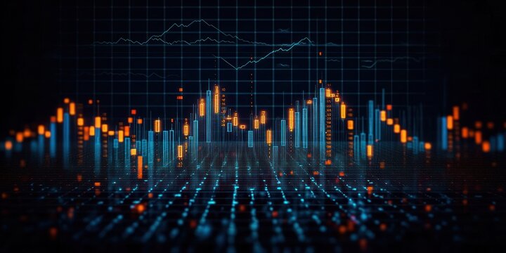 Digital visualization of glowing financial or data charts with bar and line graphs over a grid background, depicting dynamic market trends and analysis