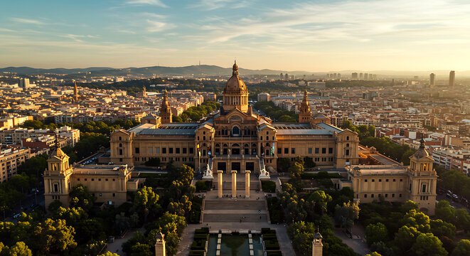 National Palace on Montjuic hill in Barcelona in Spain. Now it serves as the National Art Museum of Catalonia. It is placed at the foot of Montjuic mountain