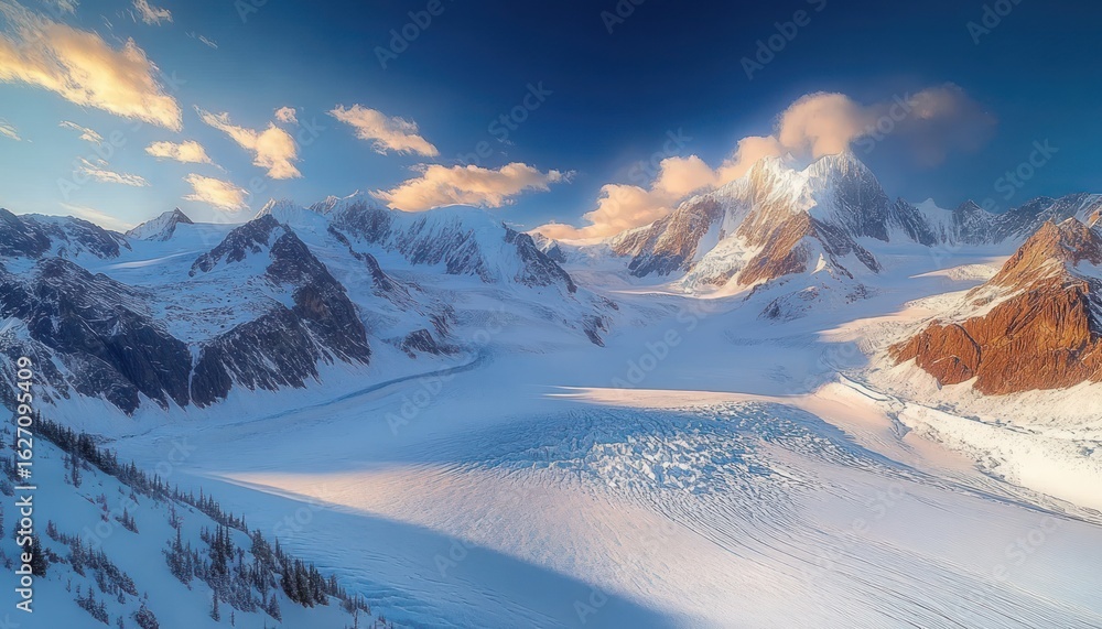 Poster sunlit snowy mountain range with peaks casting shadows over expansive glacier and scattered trees un