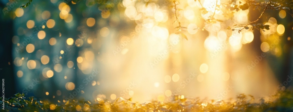 Poster soft golden sunlight filtering through leaves creating warm glowing bokeh and blurred natural backgr