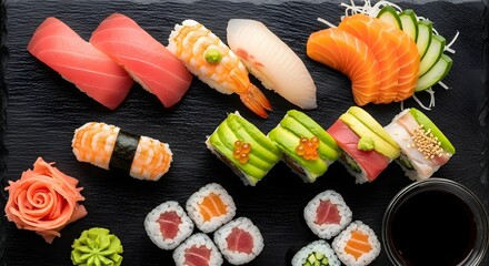 Assorted sushi platter with nigiri, maki, and sashimi