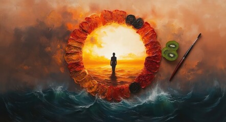 Silhouette of a person standing in a glowing circle of warm colors surrounded by ocean waves with sliced kiwi and a paintbrush nearby, evoking contemplation and creativity