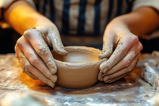Close-up of hands molding wet clay on a pottery wheel creating a round bowl with focused and creative atmosphere - Powered by Adobe