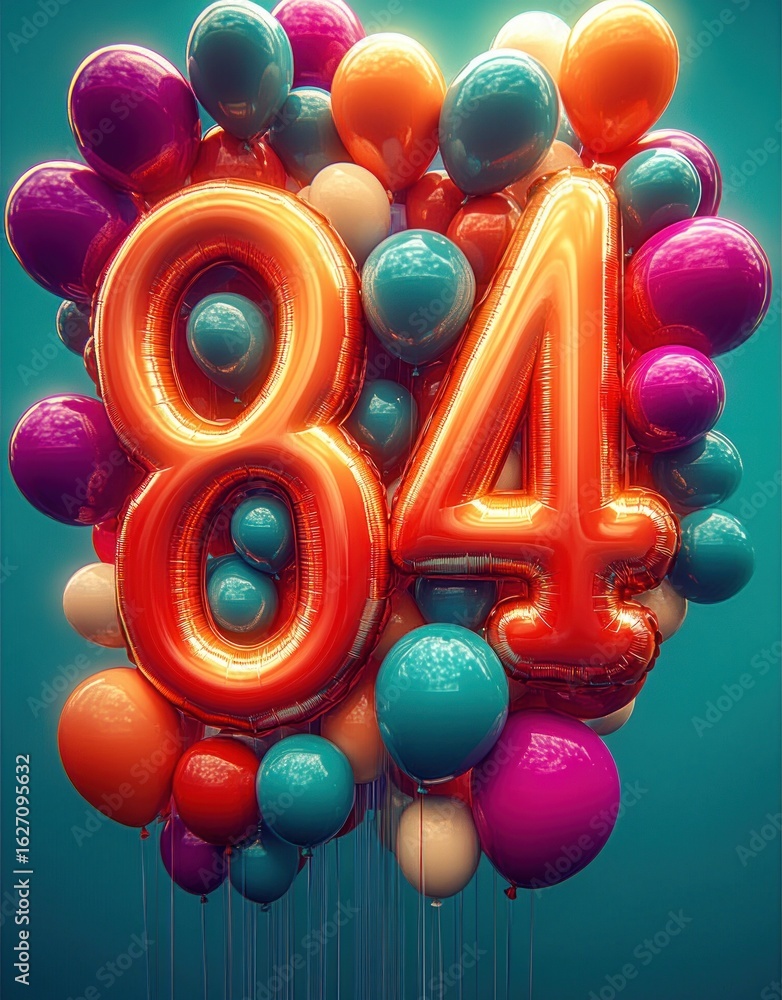 Poster cluster of colorful balloons with large shiny metallic balloons forming the number eighty-four again