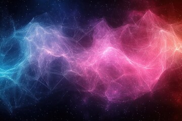 Fototapeta premium Colorful cosmic network of glowing blue, purple, pink, and red interconnected particles and lines against a starry deep space background evoking a sense of vastness and mystery