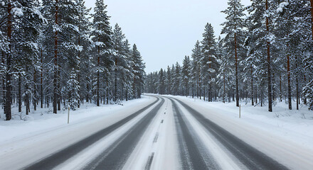 Obraz premium Winter road with snow in Finland. Landscape of Lapland in Europe. Forest along highway during ride. Snowy trip. Cold driveway. Driving in Finnish motorway on north Rovaniemi village. View with tree