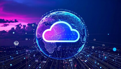 Futuristic globe with cloud graphic, cityscape, and digital network