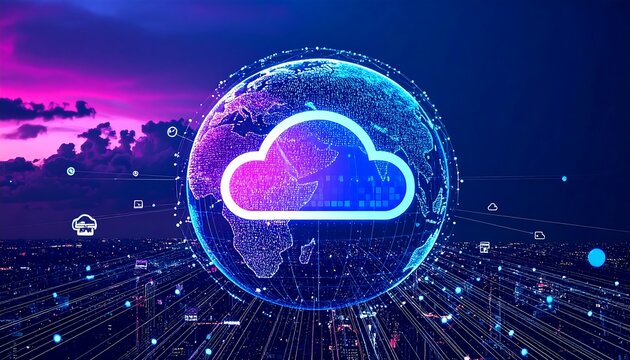 Futuristic globe with cloud graphic, cityscape, and digital network