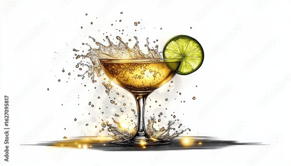 Poster golden cocktail drink splashing from glass with a lime slice garnish on the rim, dynamic and refresh