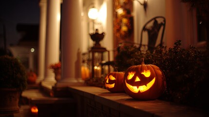 Fototapeta premium Glowing Jack-o-Lanterns on Porch at Night