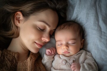 Close-up of adult and baby lying side by side on a bed with soft linens, wearing knitted clothing, conveying warmth and tenderness