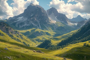 Obraz premium Sunlit green valley with grazing horses and towering rugged mountains under a bright cloudy sky conveying a peaceful and majestic natural landscape