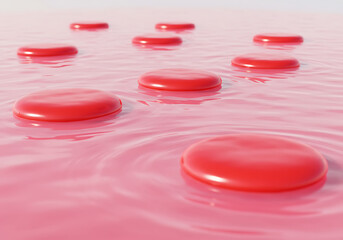 Red Discs Floating Pink Liquid Abstract