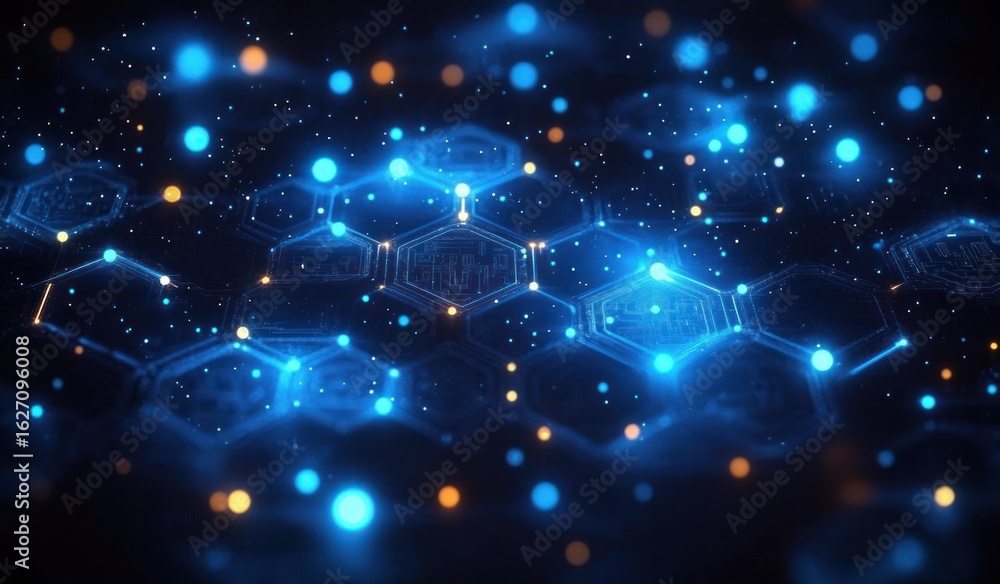 Poster glowing blue and orange digital hexagonal circuit patterns floating in dark space evoking high-tech 