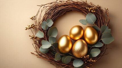 Decorative wreath made of twigs with eucalyptus leaves and golden berries surrounding four golden eggs on a beige background, evoking elegance and festivity