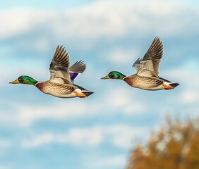 Obraz premium Two mallard ducks in mid-flight with wings spread against a cloudy blue sky and distant blurred foliage
