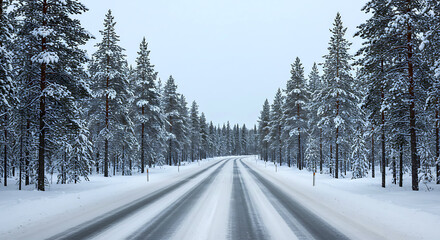 Obraz premium Stylish road with snow in Finland. Landscape of Lapland in Europe. Forest along highway during ride. Snowy trip. Cold driveway. Driving in Finnish motorway on north Rovaniemi village. View with tree