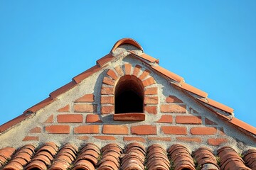 Close-up view of a rustic brick gable with a small arched opening under a clear blue sky showcasing weathered terracotta roof tiles and textured brickwork