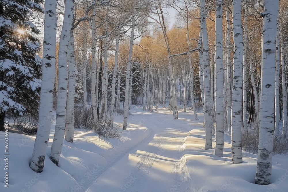 Poster snow-covered pathway winding through a birch forest with sunlight filtering through trees and castin