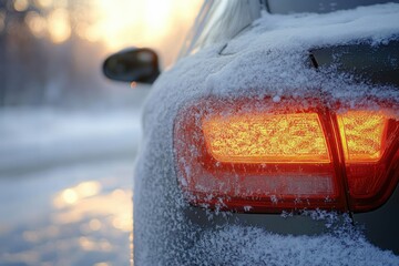 Close-up of a car's rear light glowing brightly through a layer of snow in a cold winter setting with soft natural light and blurred background