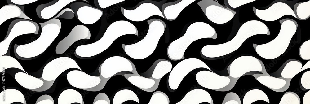 Poster abstract black and white curved shapes pattern creating an optical illusion of depth and movement, e
