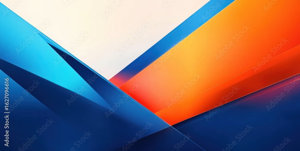 Poster abstract geometric composition with overlapping sharp-edged shapes in vibrant blue, orange, and beig