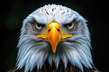 Obraz premium Close-up portrait of a fierce bald eagle with piercing eyes and detailed white feathers against a dark background, evoking strength and intensity