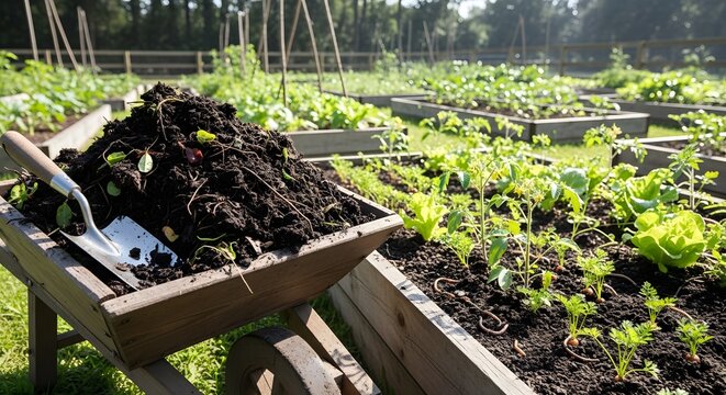 Wooden wheelbarrow filled with soil, gardening tools, and raised beds - Powered by Adobe