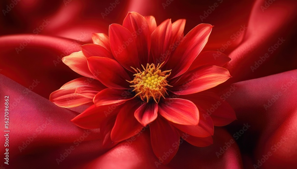 Poster close-up of a vibrant red flower with yellow center resting on smooth red satin fabric creating a so