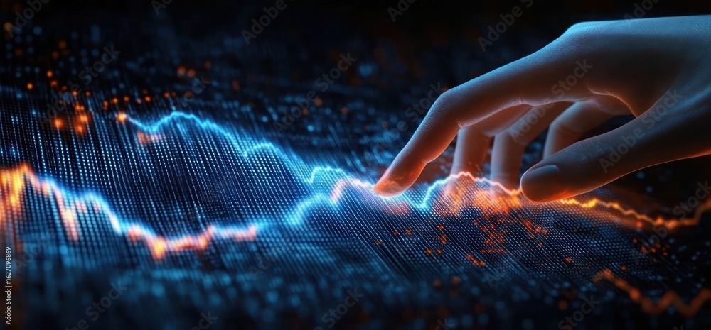 Poster close-up of a human hand interacting with a glowing digital graph with blue and orange lines represe