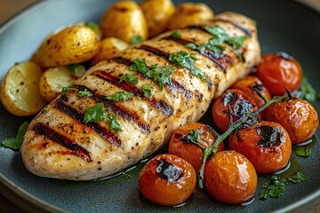 Grilled chicken breast garnished with fresh herbs served with roasted baby potatoes and charred cherry tomatoes on a dark plate