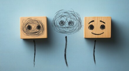 Three wooden blocks against a pale blue background with hand-drawn faces representing anxious, confused, and happy emotions connected to lines resembling balloon strings