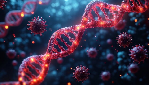 Close-up view of a glowing red DNA helix strand surrounded by virus-like particles with a dark blue blurred background conveying a sense of scientific study and urgency