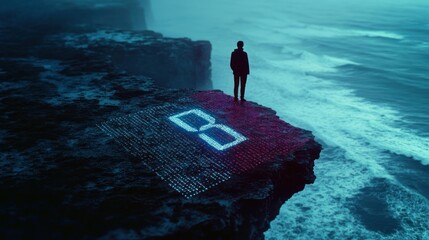 Silhouette of a person standing on a rocky cliff edge overlooking a turbulent sea with a glowing digital code formation on the ground, evoking isolation and contemplation