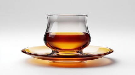 Close-up of a transparent glass cup filled with amber liquid placed on a matching glass saucer against a plain light background, evoking warmth and calm