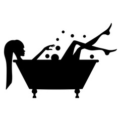 Woman's black white silhouette in bath with bubbles